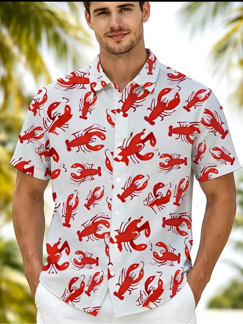 AMAZON  White & Red Lobster Print Fun Summer Short Sleeve Shirt XL NIB